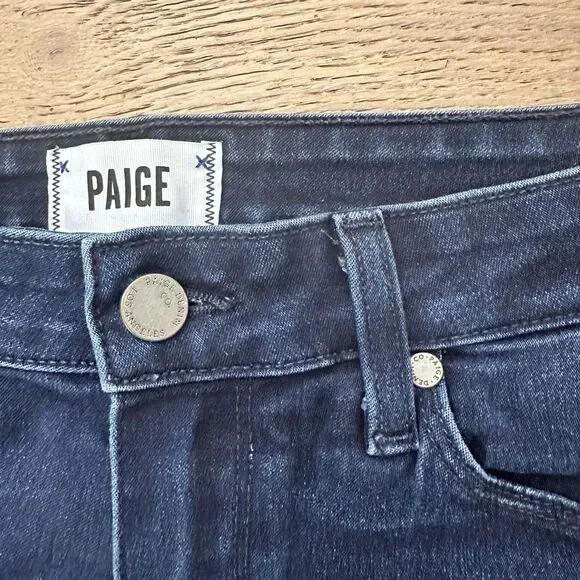 PAIGE Womens High Rise Bell Canyon Flare Leg Jeans Blue Dark Wash Frayed Size 29 - Picture 4 of 16